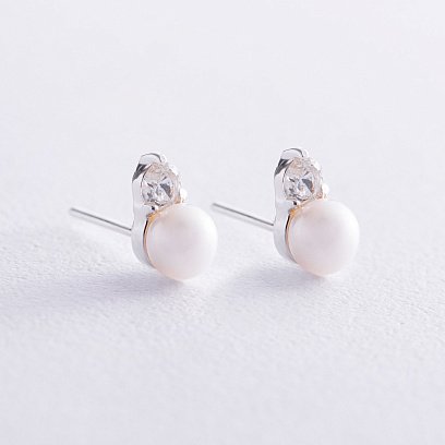 Серебряные серьги - пусеты с жемчугом и фианитами 123234