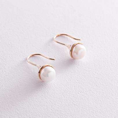 Золоті сережки - петельки з перлами с07865 №3