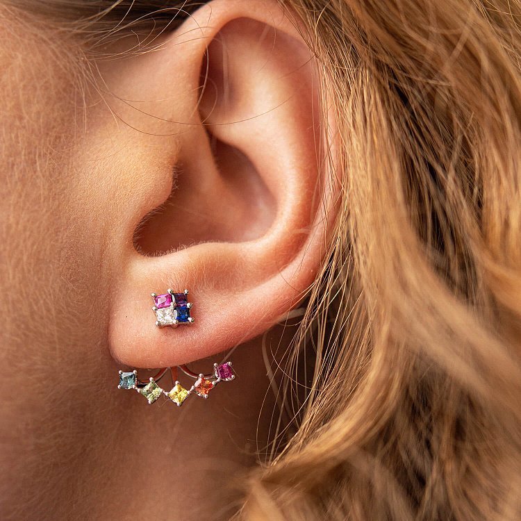 Золотые серьги - джекеты 2 в 1 (разноцветные сапфиры, бриллианты) сб0454nl от ювелирного магазина Оникс