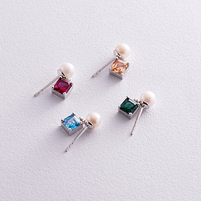 Золоті сережки - пусети "Альма" (помаранчеві фіаніти, перли) с08249 №3