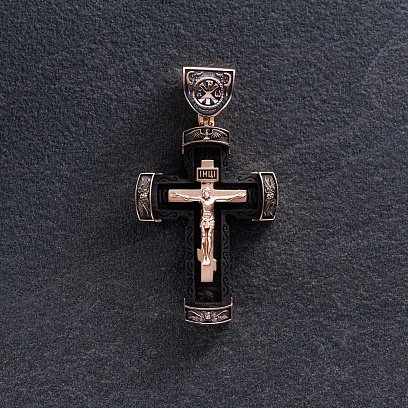 Золотий хрест "Розп'яття. Спаси і Збережи" з ебеновим деревом mini 1075ч №3