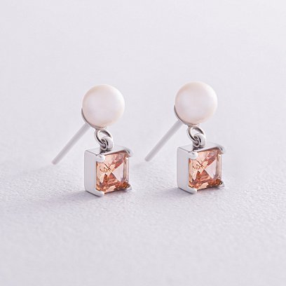 Золоті сережки - пусети "Альма" (помаранчеві фіаніти, перли) с08249 №5