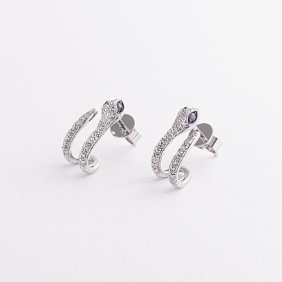 Золотые серьги - пусеты "Змеи" (бриллианты, сапфиры) сб0632ca