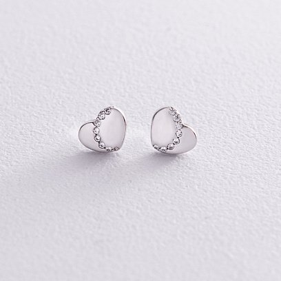 Серьги - пусеты "Сердечки" с фианитами (белое золото) с08207