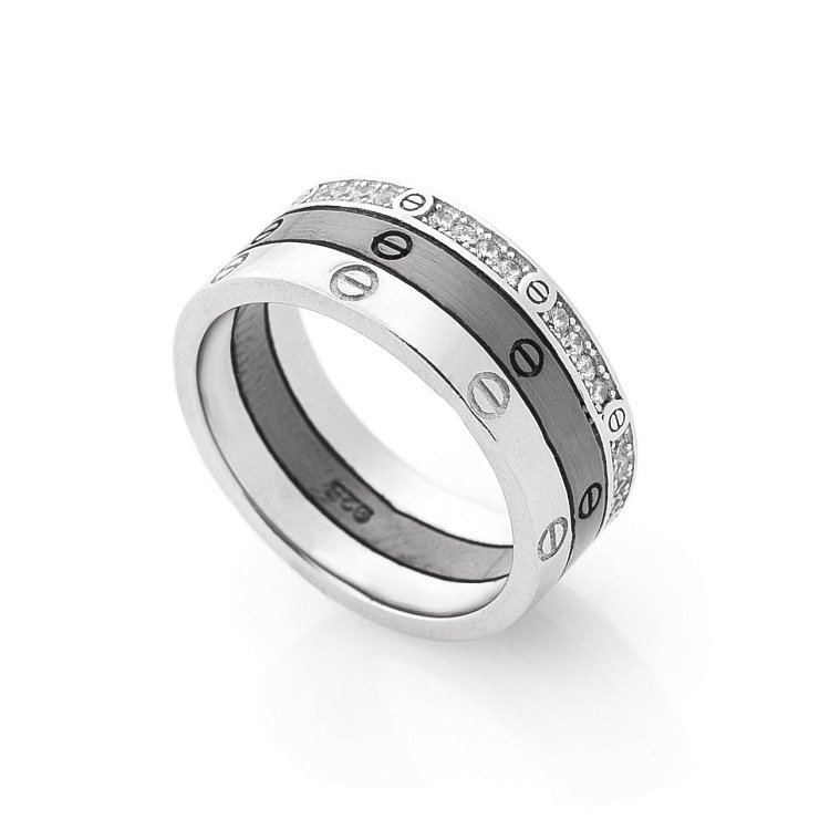 Тройное серебряное кольцо с фианитами 112050 от ювелирного магазина Оникс