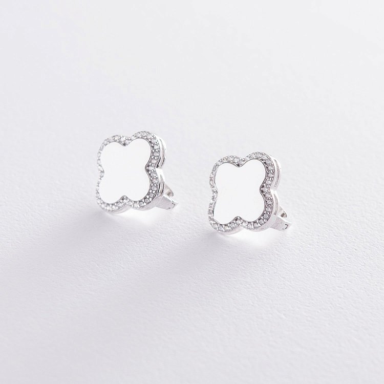 Золотые серьги "Клевер" с фианитами с06170 от ювелирного магазина Оникс