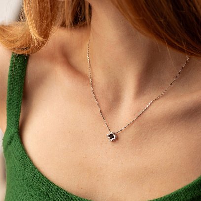 Серебряное колье "Клевер" (черный фианит) 181059 №5