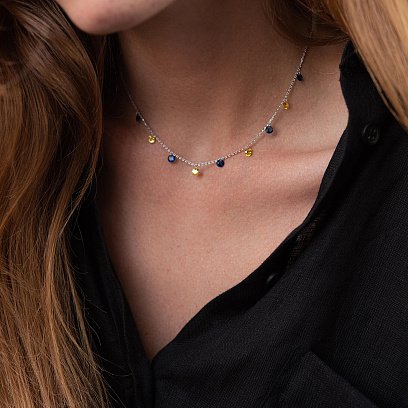 Колье "Украинка" в серебре (синие и желтые фианиты) 181225 №7