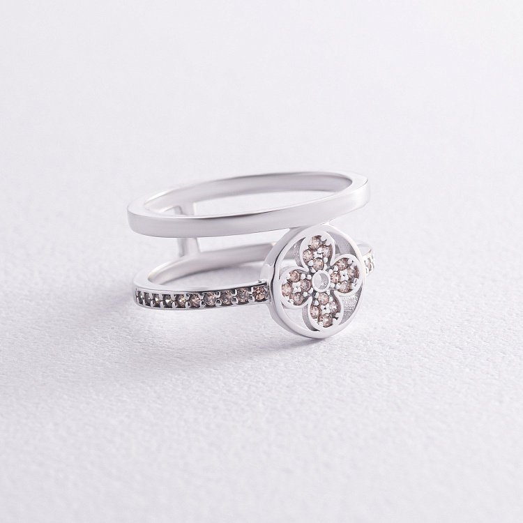 Каблучка "Конюшина" в білому золоті (жовті фіаніти) к07445 від ювелірного магазину Онікс - 2