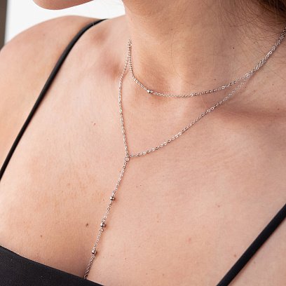 Двойное серебряное колье - галстук с шариками 181167 №3