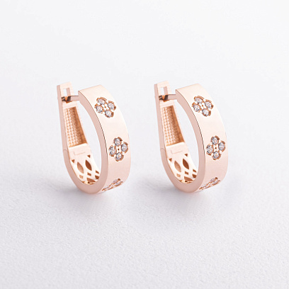 Серьги "Клевер" с фианитами (красное золото) с08663