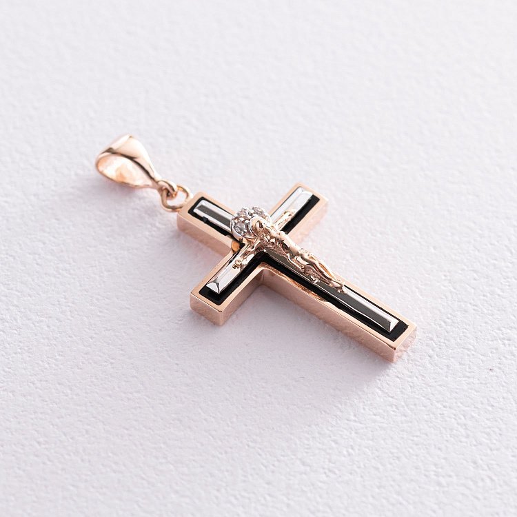 Золотий хрест "Розп'яття. Спаси і Збережи" (фіаніти, емаль) п03489 від ювелірного магазину Онікс