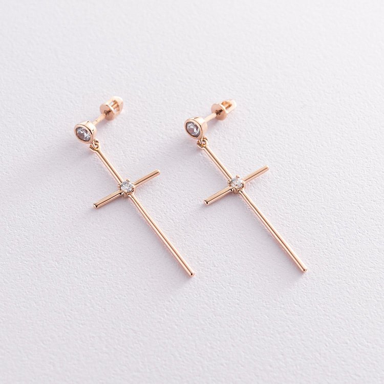 Серьги - пусеты "Кресты" в красном золоте (фианиты) с07362 от ювелирного магазина Оникс