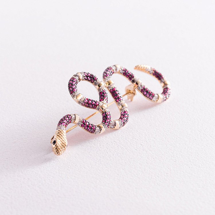 Золотая брошь "Змея" с разноцветными фианитами зак00326 от ювелирного магазина Оникс