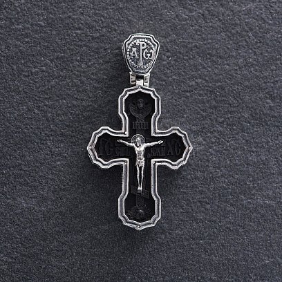 Чоловічий православний хрест "Розп'яття. Спаси і Збережи. Отче наш" з ебенового дерева та срібла mini 1170