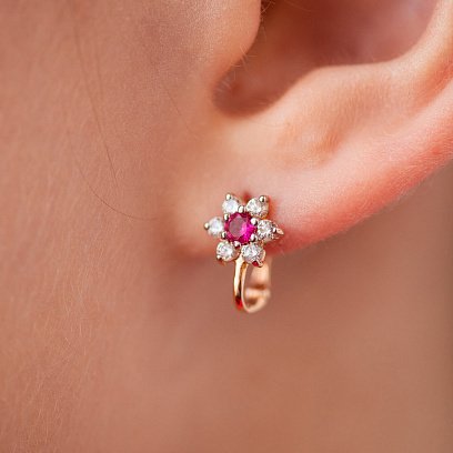 Дитячі золоті сережки "Квіточки" з рожевими фіанітами с04342 №2