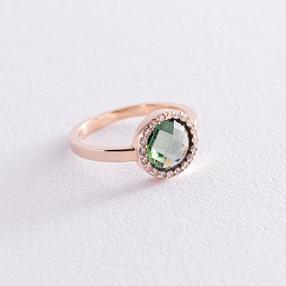 Золота каблучка з зеленим і білими фіанітами к06829