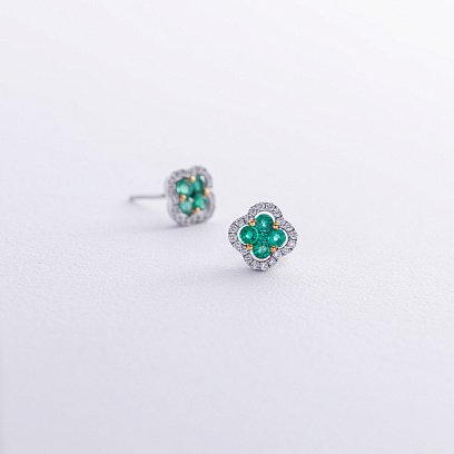 Золоті сережки - пусети "Конюшина" зі смарагдами і діамантами сб0520cha №3