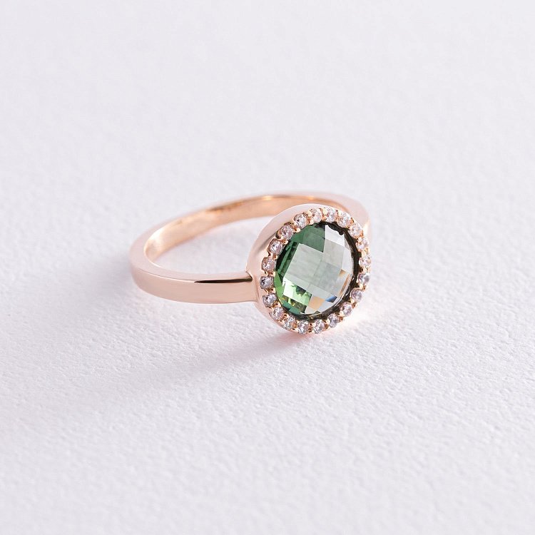 Золота каблучка з зеленим і білими фіанітами к06829 від ювелірного магазину Онікс