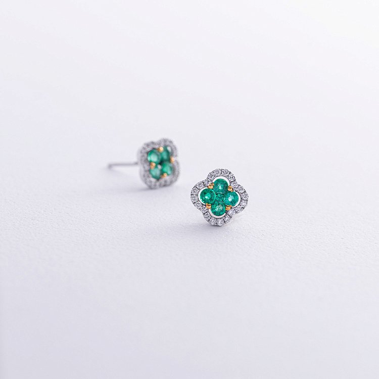 Золоті сережки - пусети "Конюшина" зі смарагдами і діамантами сб0520cha від ювелірного магазину Онікс - 2