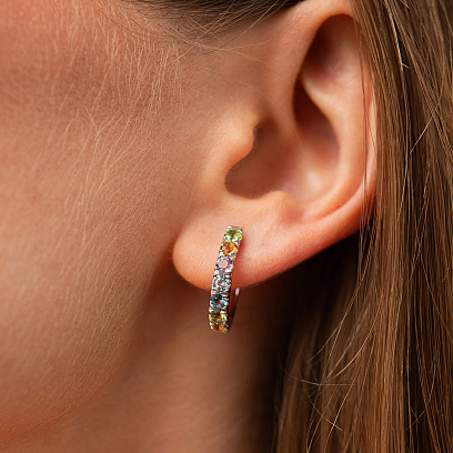 Золотые серьги с дорожкой разноцветных натуральных камней с09570 №2