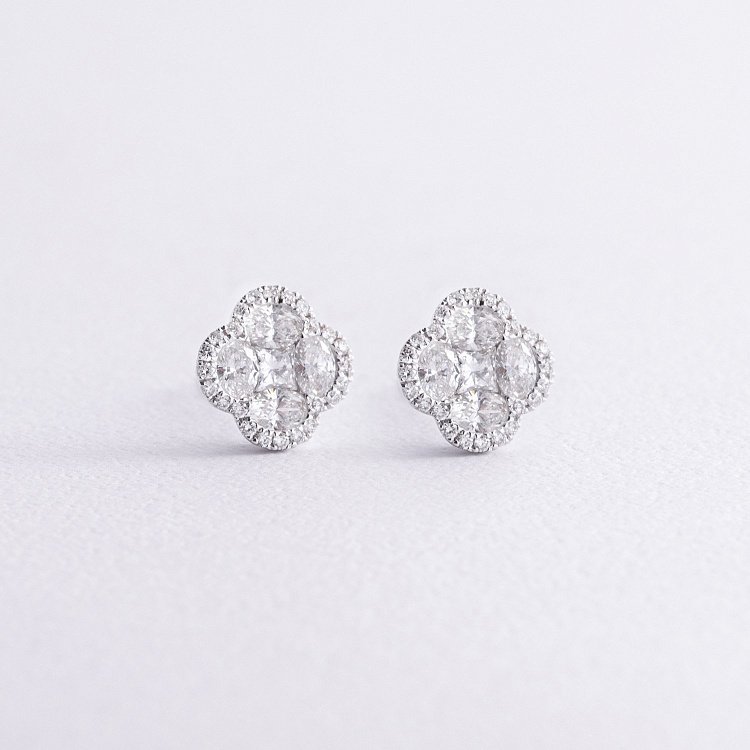 Золотые серьги - пусеты "Клевер" с бриллиантами сб0551mi от ювелирного магазина Оникс