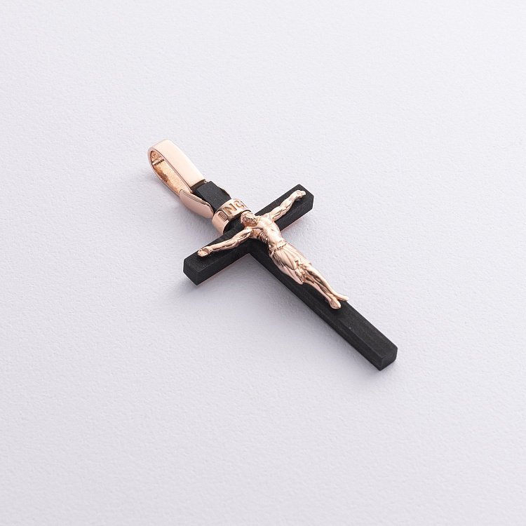 Чоловічий православний хрест "Розп'яття" з ебенового дерева та золота п03916 від ювелірного магазину Онікс