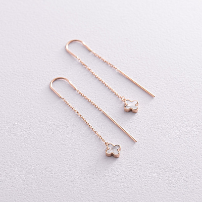 Золоті сережки - протяжки "Конюшина" з перламутром с08149 №5