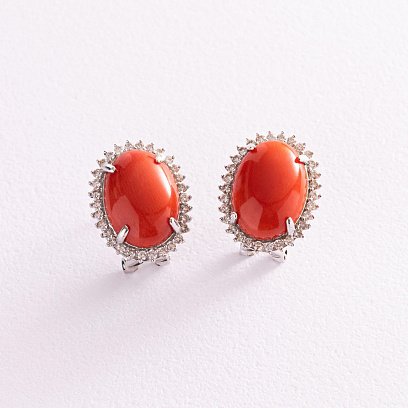 Золотые серьги (коралл, бриллианты) с929