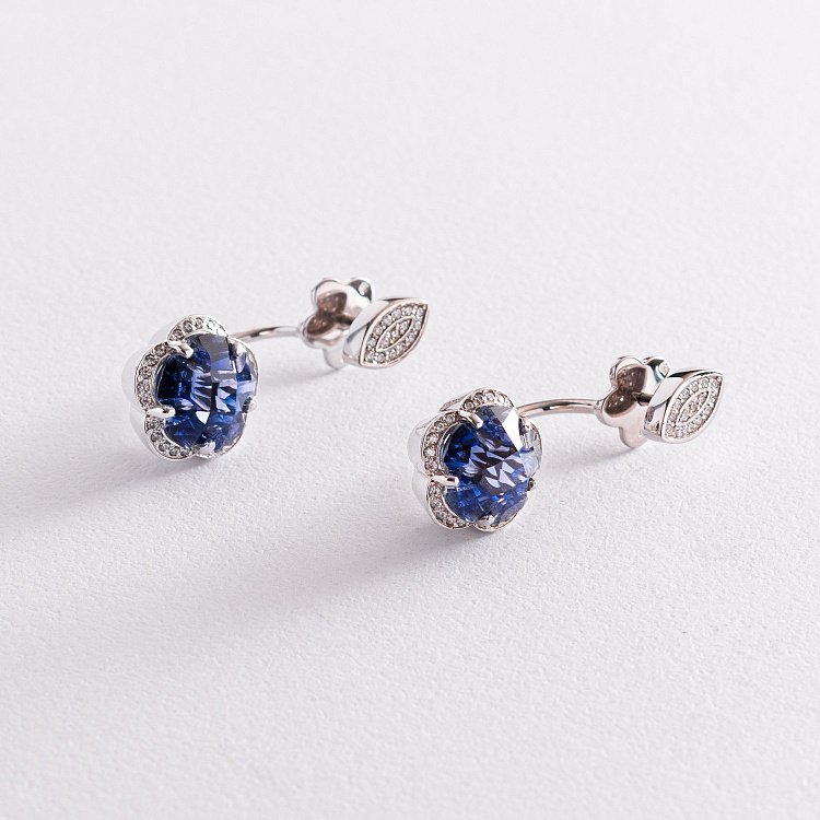 Золоті сережки - джекети "Квіточки" з синіми сапфірами с1005 від ювелірного магазину Онікс - 5