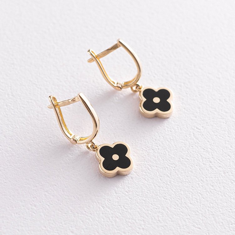 Золотые серьги "Клевер" с емалью с07132 от ювелирного магазина Оникс