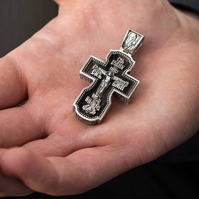 Срібний хрест "Господь. Архангели Михаїл та Гавриїл. Ангел Хранитель. Святитель Миколай. Сергій Радонезький" з ебеновим деревом 980 №2