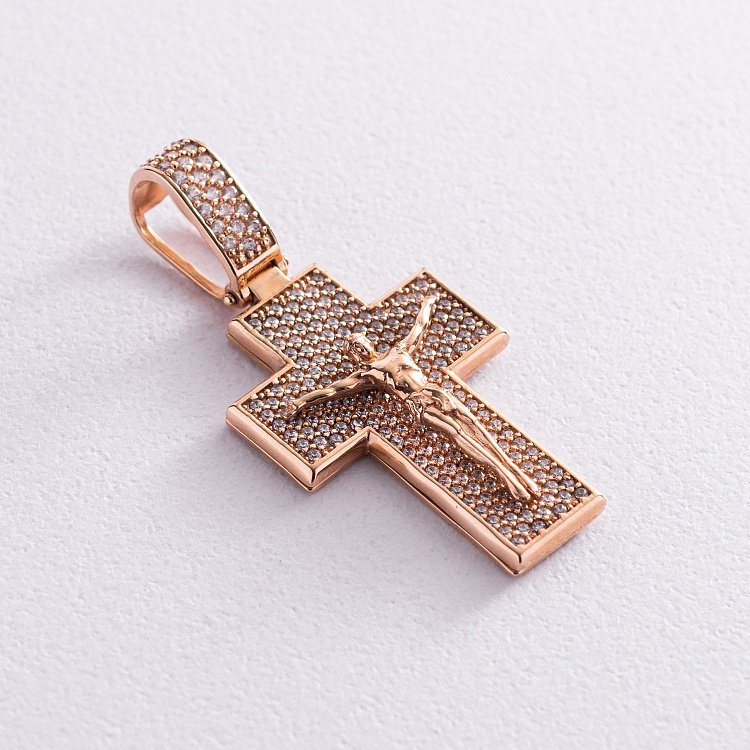 Золотий хрест "Розп'яття. Спаси та Збережи" з фіанітами 270046б від ювелірного магазину Онікс
