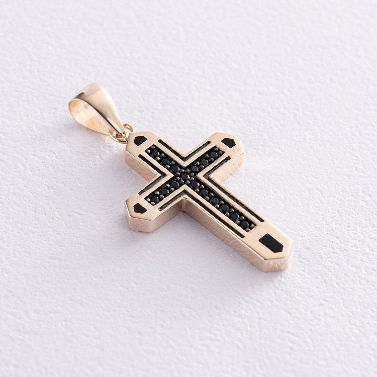 Хрест в жовтому золоті (чорні фіаніти) п03493 від ювелірного магазину Онікс