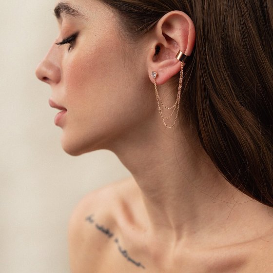 Серьга - каффа "Тринити" в красном золоте с цепочками (фианит) с08019 №3