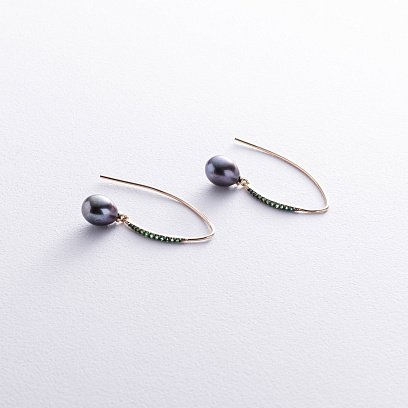 Золотые серьги - петельки "Оливия" с жемчугом и фианитами с08517 №3