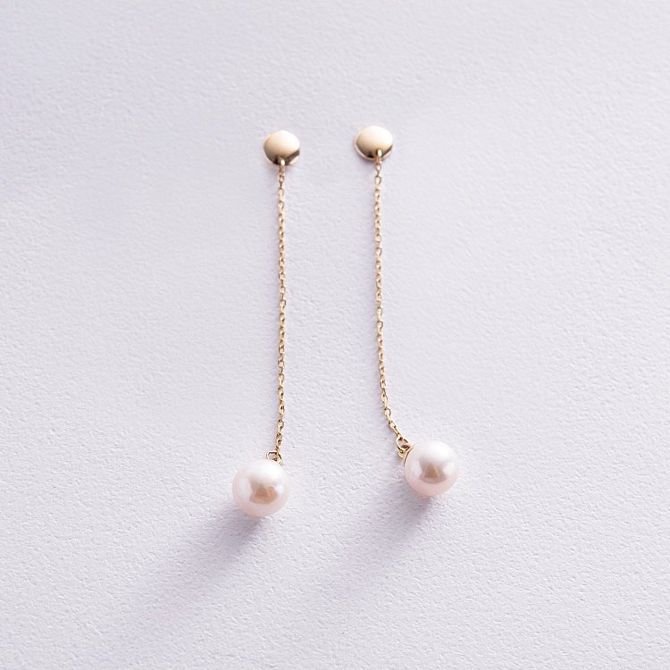 Сережки - пусети "Перлина на ланцюжку" у жовтому золоті с08294 від ювелірного магазину Онікс - 6