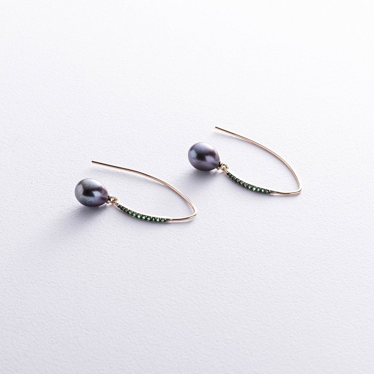 Золотые серьги - петельки "Оливия" с жемчугом и фианитами с08517 от ювелирного магазина Оникс - 2