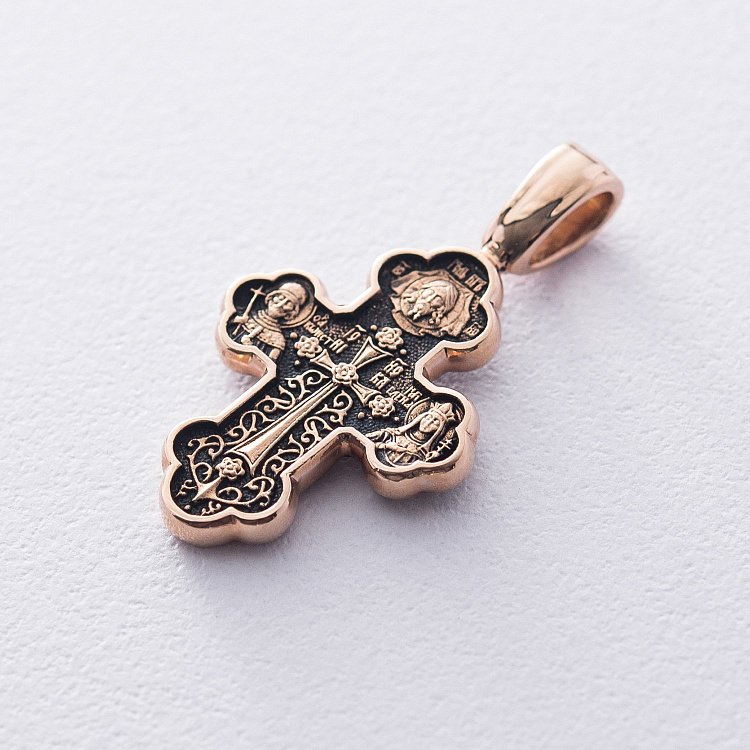 Золотий православний хрест "Хрестовоздвиження. Донська ікона Божої Матері" з чорнінням п01840 від ювелірного магазину Онікс