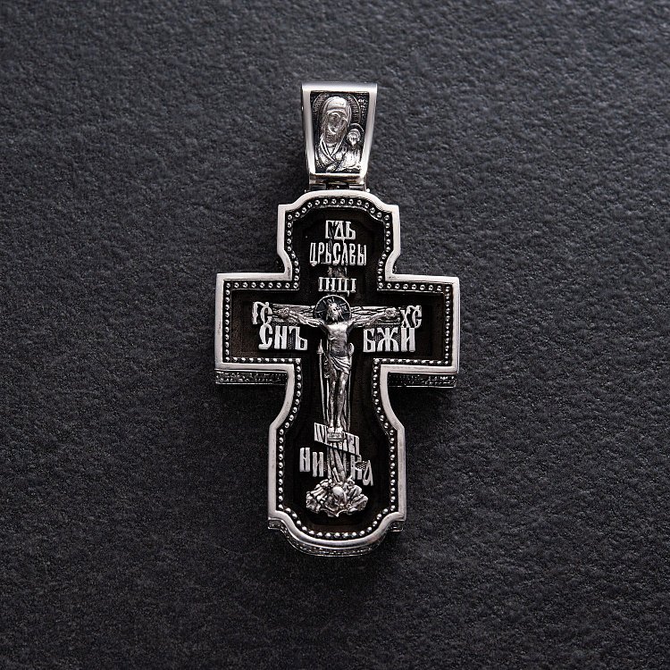 Срібний хрест "Господь. Архангели Михаїл та Гавриїл. Ангел Хранитель. Святитель Миколай. Сергій Радонезький" з ебеновим деревом 980 від ювелірного магазину Онікс