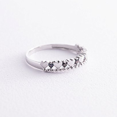 Кольцо "Сердечки" в белом золоте (черные фианиты) к07053