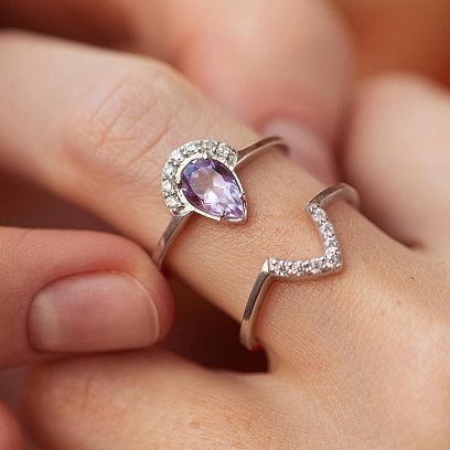 Двойное серебряное кольцо с аметистом и фианитами GS-01-004-6310 №3