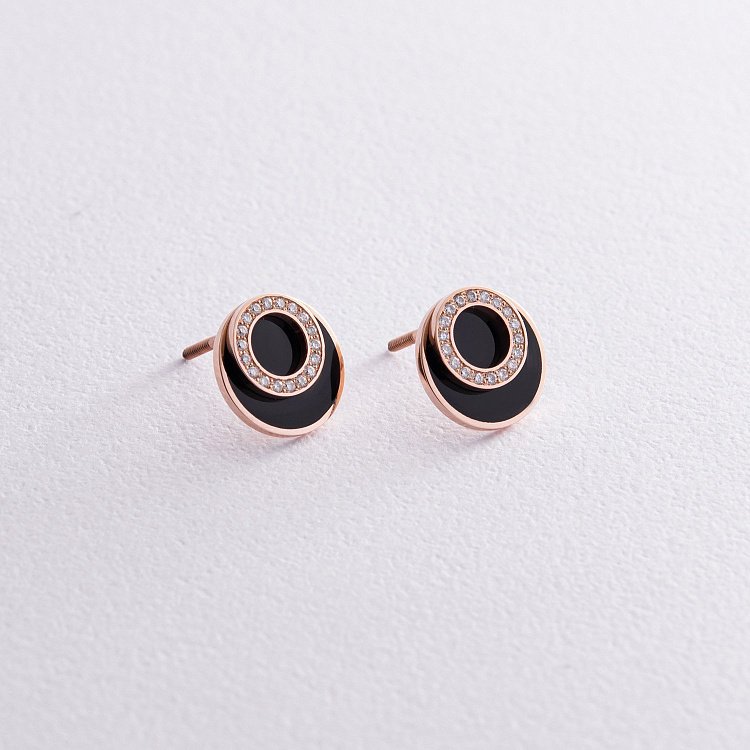 Золотые серьги - пусеты с бриллиантами и эмалью 314842421 от ювелирного магазина Оникс - 2