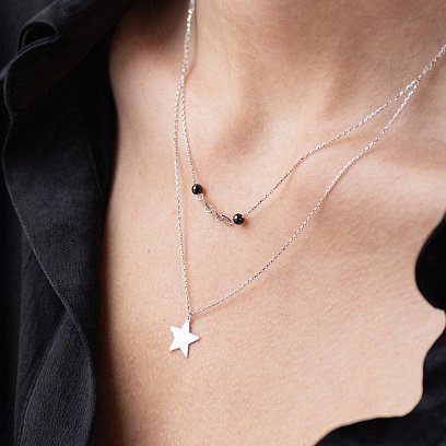 Подвійне золоте кольє "Зірочка" з чорними фіанітами кол01537 №6