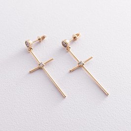 Серьги - пусеты "Кресты" в желтом золоте (фианиты) с07369
