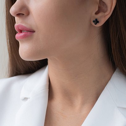 Серебряные серьги-пусеты с эмалью "Клевер" 122920 №6