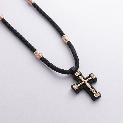 Чоловічий православний хрест "Розп'яття. Спаси та Збережи" на шнурі з ебенового дерева та золота кол02245 №5