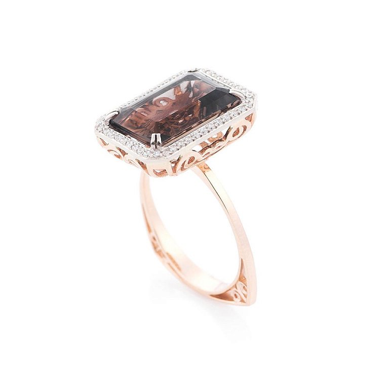 Золота каблучка з раухтопазом і фіанітами 14032082р від ювелірного магазину Онікс