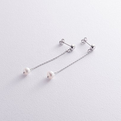 Сережки - пусети "Перлина на ланцюжку" у білому золоті с08313 №3