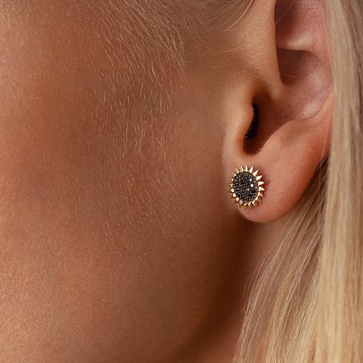 Золотые серьги - пусеты "Подсолнухи" с черными бриллиантами 326173122 №4